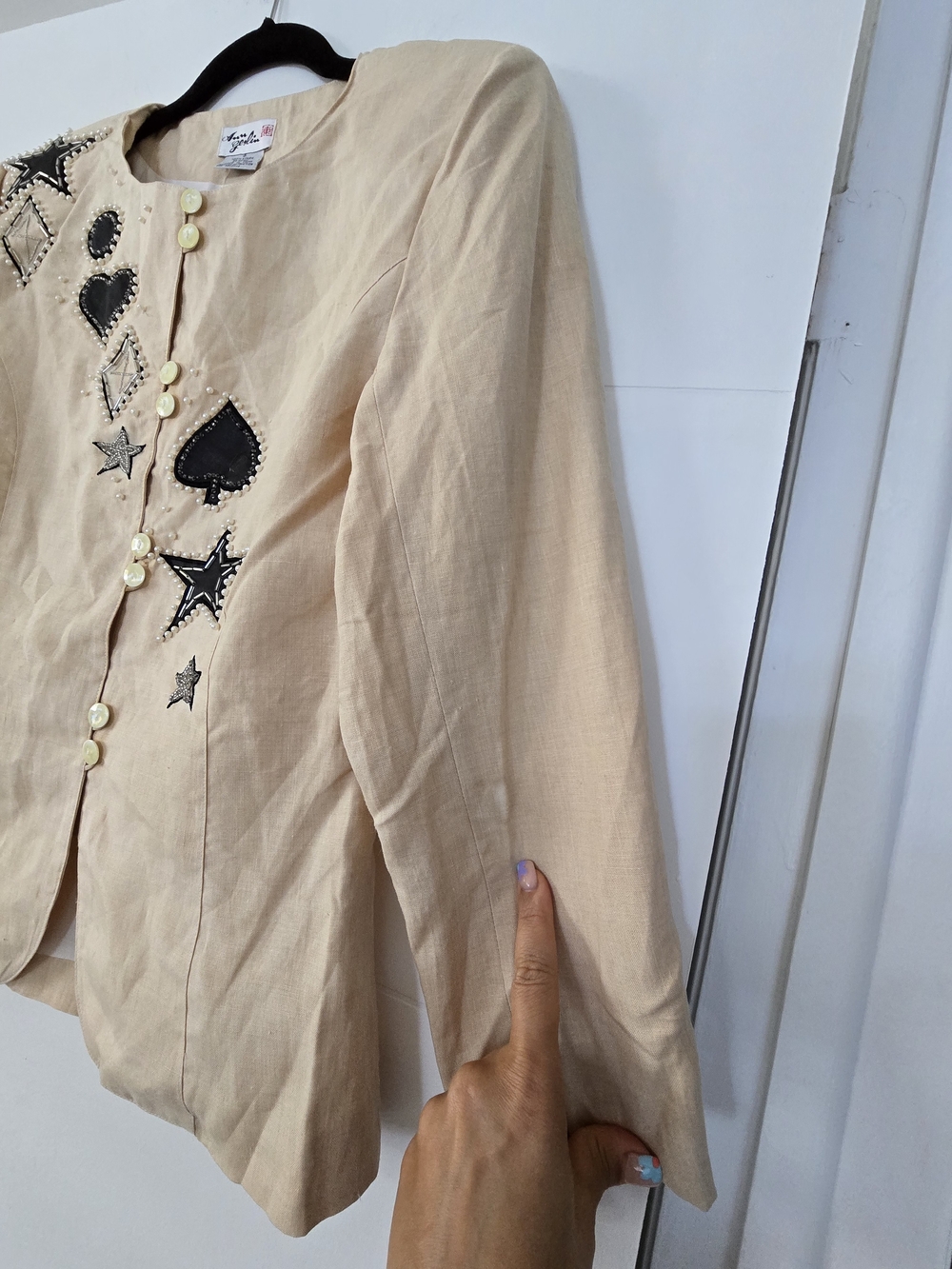 Vintage Ann Gerlin 100% Linen Beaded Skirt Suit Set Tan Stars Hearts Size 6 - Picture 2 of 16
